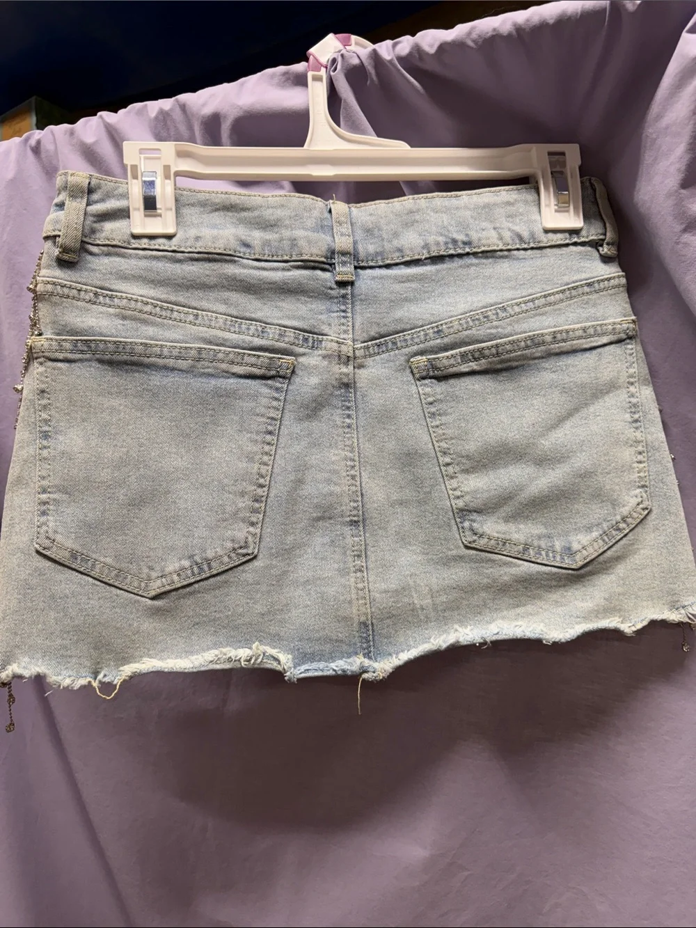 Light Wash Denim Mini Skirt with Rhinestone Fringe